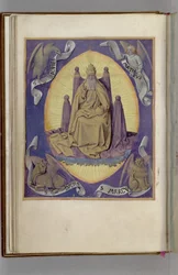 Gottvater mit Symbolen der vier Evangelisten in den Ecken. Stundenbuch, 1450-1499