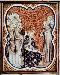 Das Horn von König Ludwig VI., genannt der Dicke (1081-1137). Miniatur aus „Les grandes chroniques de France“ von Jean Fouquet (1420-1481) 15. Jahrhundert