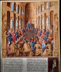 Papst Urban II. (1042-1099) predigt den ersten Kreuzzug auf dem Konzil von Clermont, Frankreich, vereint Ritter, Adel und Kardinäle