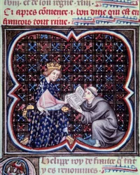 Primas präsentiert den Text der großen Chroniken Frankreichs an Philipp III. Miniatur aus dem Manuskript von Jean Fouquet Grandes Chroniques de France