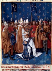 Krönung Karls VI. 1380 in Reims. Miniatur in den „Grandes Chroniques de France“ (Folio 457v), illuminiert von Jean Fouquet (1420-1481), 1455-1460. Bibliothèque nationale, Paris.