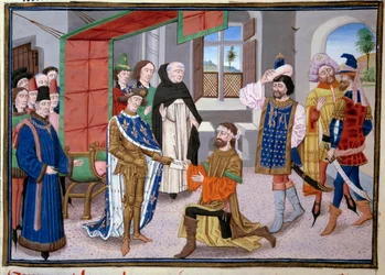 Siebte Kreuzzug: König von Frankreich Saint Louis (oder Louis IX) (1214-1270) in Nikosia auf Zypern um 1245. Miniatur aus den „Großen Chroniken“ von Jean Fouquet (1420-1481). Paris, Bibliothek des Arsenal