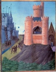 Belagerung von Avignon (1226). Tod von Ludwig VIII. Krönung von Ludwig IX. Miniatur in den „Grandes Chroniques de France“ (251v) von Jean Fouquet
