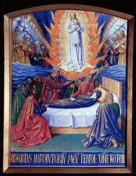 Die Stunden der Jungfrau: der Tod der Jungfrau. Miniatur in „Die Stunden des Étienne Chevalier“ von Jean Fouquet (1420-1481)