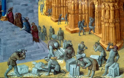 Der Bau des Jerusalemer Tempels durch König Salomo. Detail mit den Steinmetzen. Miniatur aus der Handschrift „Jüdische Altertümer“ von Flavius Josephus (Giuseppe Flavio, Flavius Josèphe) (37-100), illustriert von Jean Fouquet (1425-1481)