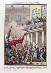 Ludwig XVI. erscheint am Balkon in Versailles am 6. Oktober 1789, um dem Pariser Mob zu sagen, dass er nach Paris gehen wird, unter der Bedingung, dass seine Frau und Familie mitreisen