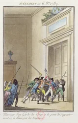 Mob von Parisern greift die Wache am Eingang zu den Gemächern der Königin in Versailles an und tötet sie, 6. Oktober 1789