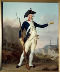 Französische Revolution: „Ganzkörperporträt des Bürgers Nau Deville in der Uniform der Nationalgarde (im Hintergrund der Abriss der Bastille)“