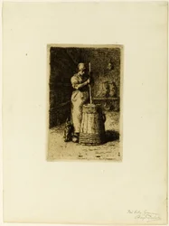 Eine Frau beim Buttern
