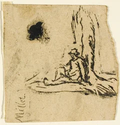 Skizzen, Fragment: Bauer sitzt am Fuß eines Baumes
