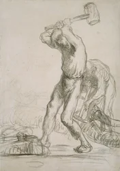 Zwei Bauern beim Sägen und Spalten von Holz, ca. 1850-1851