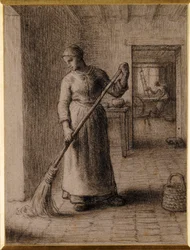 Frau fegt ihr Zuhause