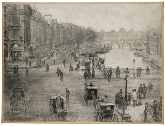 Paris, Der Platz Saint Michel mit dem Quai des Grands Augustins und der Pont Saint Michel im Vordergrund und der Pont Neuf und der Louvre im Hintergrund, ca. 1900