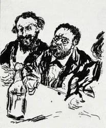 Der Maler Edouard Manet und der Schriftsteller Emile Zola am Tisch. Karikatur von Jean Francois Raffaelli