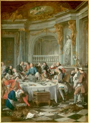 Austernfrühstück. Eine Gruppe von Adligen, ausschließlich Männer, schwelgt in einer gastronomischen Ausschweifung mit Austern und Alkohol. Jean François de Troy (1679-1752), 1735. Maße: 1,80 x 1,26 m. Chantilly, Musée Condé - Das Austernmahl. Ein