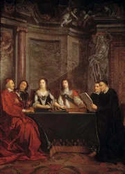 Der Rat des Gewissens: Der heilige Vinzenz von Paul, Leiter des Gewissensrates, liest vor Kardinal Jules Mazarin, Pierre Seguier, Königin Anna von Österreich und Ludwig XIV.