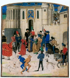 Vor dem Porte St. Denis begrüßt König Karl VI. von Frankreich seine Königin Isabeau von Bayern