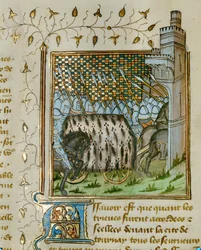 Der Leichnam von Jean III. von Bretagne wird in einem mit Hermelin bedeckten Leichenwagen und von bewaffneten Wachen begleitet in die Stadt Ploërmel gebracht
