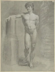 Stehender männlicher Akt, der rechte Arm auf einer abgebrochenen Säule, von vorne