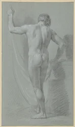 Stehender männlicher Akt vor einem Vorhang, von hinten gesehen