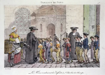 Altes Straßenhandwerk in Paris: die Brüder bringen die Kinder zu Saint Nicolas des Champs (Saint-Nicolas-des-Champs), katholische Schule - Gravur von Jean Henry Marlet (1771-1847) in „Les Tableaux de Paris“, Serie von 72 Drucken, späte 19. Jahrhundert
