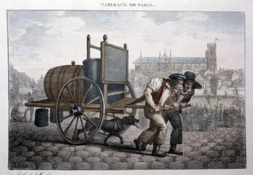Ehemaliger Straßenberuf in Paris: Bad zu Hause (zwei Männer ziehen einen Wagen mit einem Fass voller Wasser). Gravur von Jean Henry Marlet (1771-1847) in „Les Tableaux de Paris“, Serie von 72 Drucken, späte 19. Jahrhundert.