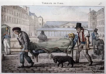 Altes Straßenhandwerk in Paris: Der arme Patient wird von den Trägern ins Krankenhaus gebracht. Gravur von Jean Henry Marlet (1771-1847) in „Die Bilder von Paris“, Serie von 72 Drucken, Ende des 19. Jahrhunderts