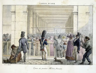 Schlange am Premier Théâtre Français - Lithographie von Marlet, in „Tableaux de Paris“