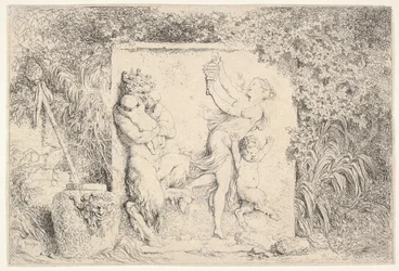 Ein Basrelief, das einen Satyr links zeigt, der zwei Säuglinge hält, ein weiteres Kind Satyr rechts..., 1763