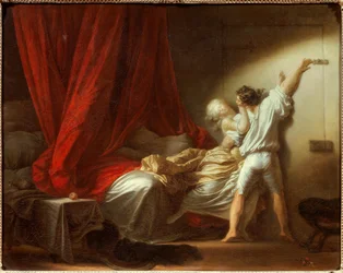 Der Riegel zeigt einen jungen Mann, der seine Geliebte daran hindert, das Schlafzimmer mit dem Bett zu verlassen. Jean-Honoré Fragonard (1732-1806), 18. Jahrhundert. Maße: 0,73 x 0,93 m.