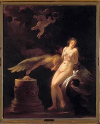 Das Opfer der Rose. Eine nackte junge Frau vor einem Opferaltar, auf dem eine Rose (ihre Jungfräulichkeit?) und ein geflügeltes Wesen liegen. 18. Jahrhundert, Privatsammlung