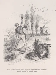 Als die letzten Pulverkörner in die Handfläche seiner geschwärzten Hand fallen, ein prächtiger Hase ... aus ..., 1843.