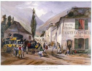 Ankunft und Reparatur einer Postkutsche in Luz auf dem Weg nach Barreges, ca. 1840