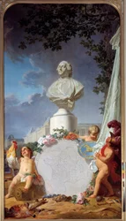 Gelehrtes Europa - Allegorische Darstellung des Ruhms Frankreichs, die Büste von Ludwig XVI. dominiert eine Karte der französischen Besitzungen
