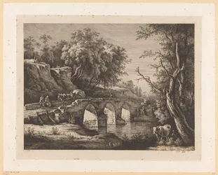 Landschaft mit Figuren auf einer Steinbrücke
