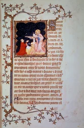 Herzog Johann I. von Berry (1340-1416) vor der Heiligen Dreifaltigkeit. Miniatur aus der Handschrift (Ms. lat. 18014) „Das Kleine Stundenbuch des Herzogs von Berry“, illuminiert von Jean Le Noir, um 1375. Paris, B.N.