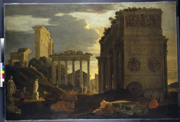 Capriccio-Ansicht mit Figuren bei einem Triumphbogen und den Tempeln des Saturn und Jupiter Tonans