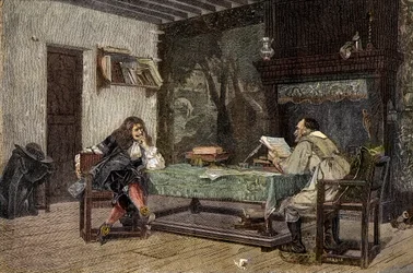 Zusammenarbeit zwischen Jean Baptiste Molière und Pierre Corneille, französische Dramatiker - Gravur nach dem Gemälde von Jean-Léon Gérôme