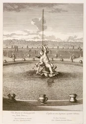 Brunnen mit Amor, der einen Wasserstrahlpfeil abschießt, entworfen von Louis Lerambert, in Versailles, 1677