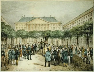 Begräbnis der Revolutionäre auf dem Place des Martyres de la Liberte, Brüssel, 2. Oktober 1830, graviert von A.M. Jobard