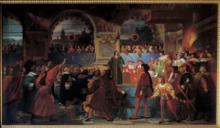 König Ludwig XII. wird zum Vater des Volkes erklärt bei den Generalständen von Tours am 14. Mai 1506. Dieser Titel wird ihm verliehen, weil er die Steuerlast für die Bürger verringerte