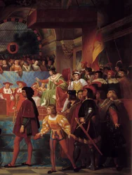 König Ludwig XII. wird zum Vater des Volkes erklärt bei den Generalständen von Tours am 14. Mai 1506. Detail. Gemälde von Jean Louis Bezard (1799-1861)