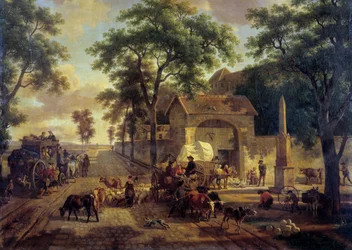 Landschaftsstraße mit Bauernwagen, Herden und Hirten