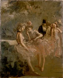 Szene hinter den Kulissen eines Theaters, um 1870-1900
