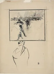 Skizzen einer gerahmten Aufruhrszene und eines Mannes (recto); Frau mit Haube (verso)
