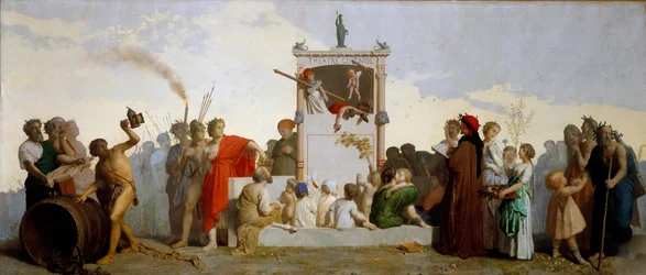 Dante Alighieri, Diogenes der Zyniker, Sokrates und Homer sind im Publikum. Gemälde von Jean Louis Hamon (1821-1874)
