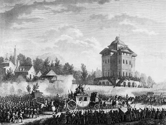 Rückkehr der königlichen Familie nach der Verhaftung in Varennes am 20. und 21. Juni 1791: König Ludwig XVI. und Marie Antoinette wurden am 25. Juni 1791 nach Paris zurückgebracht. Gravur nach einer Zeichnung von Prior. Paris, Bibliothek des Instituts für 