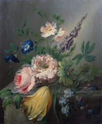 Stillleben mit Rosen, Passionsblumen, einer Tulpe und anderen Blumen auf einem Steinsims