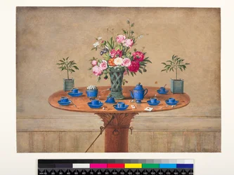Stillleben mit einer Vase Blumen und einem Teeservice, 1810