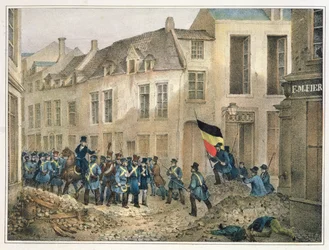 Die Rue de Louvain, Brüssel, 23. September 1830, graviert von A.M. Jobard